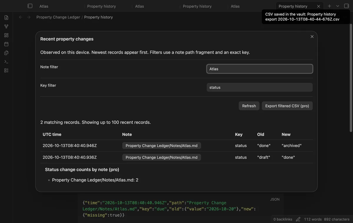 Property Change Ledger screenshot