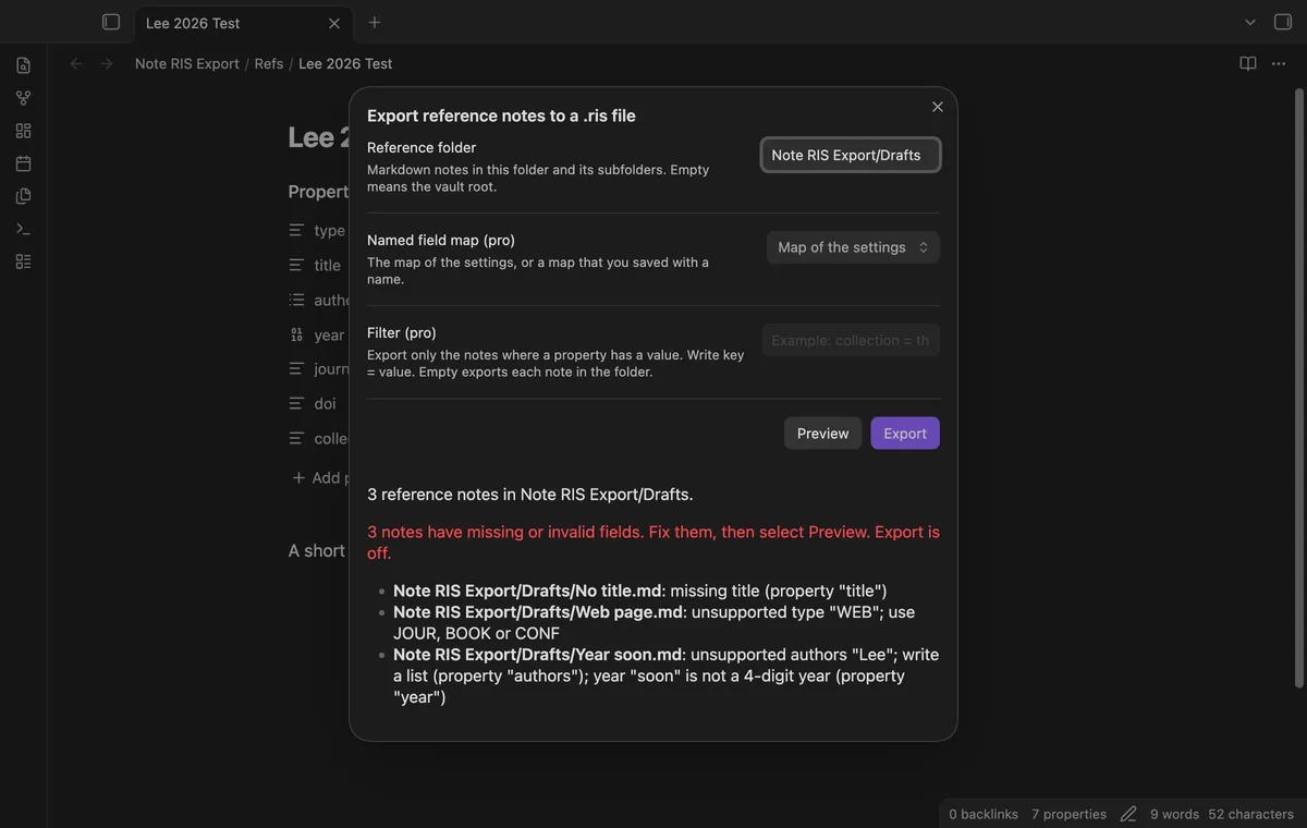 Note RIS Export screenshot