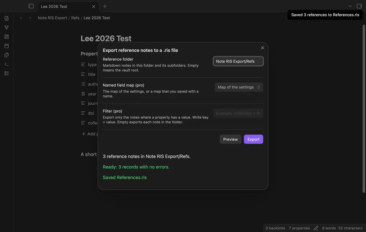 Note RIS Export screenshot