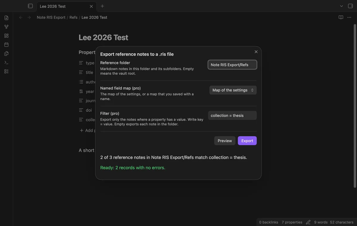 Note RIS Export screenshot