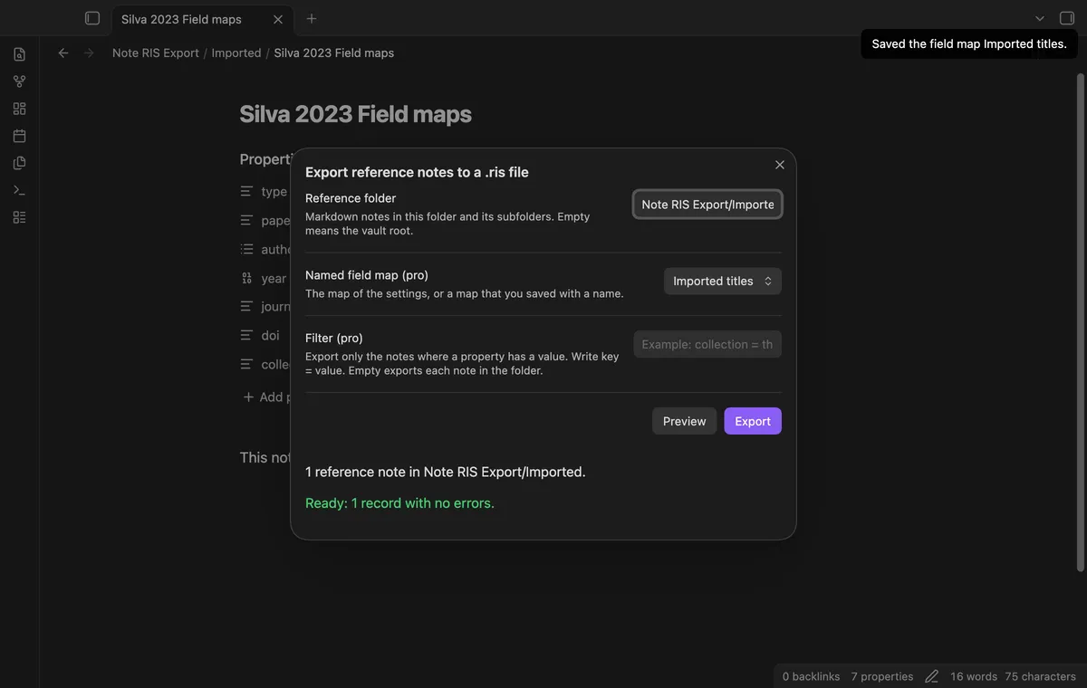Note RIS Export screenshot