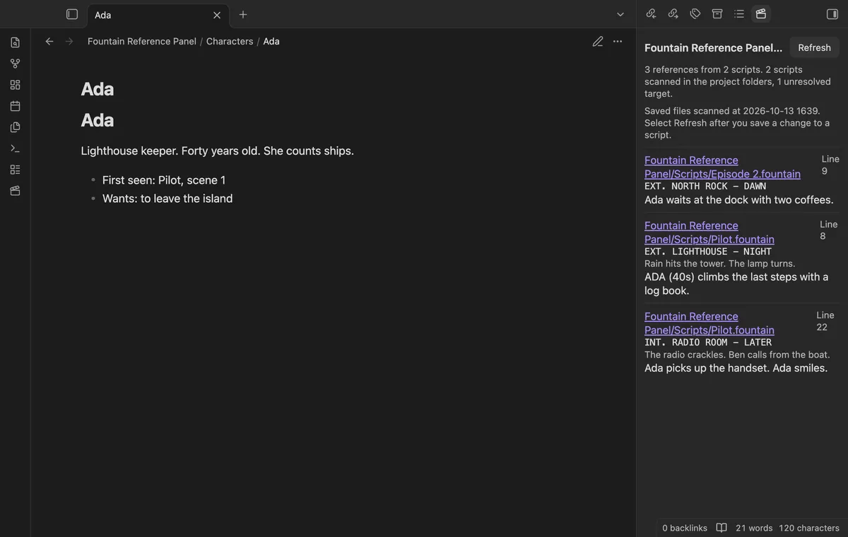 Fountain Reference Panel screenshot