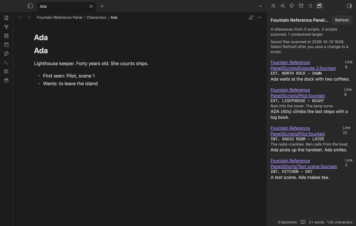 Fountain Reference Panel screenshot