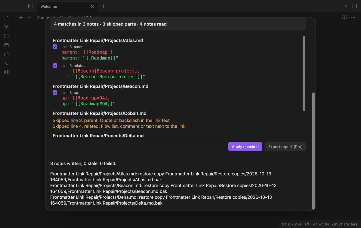 Frontmatter Link Repair screenshot