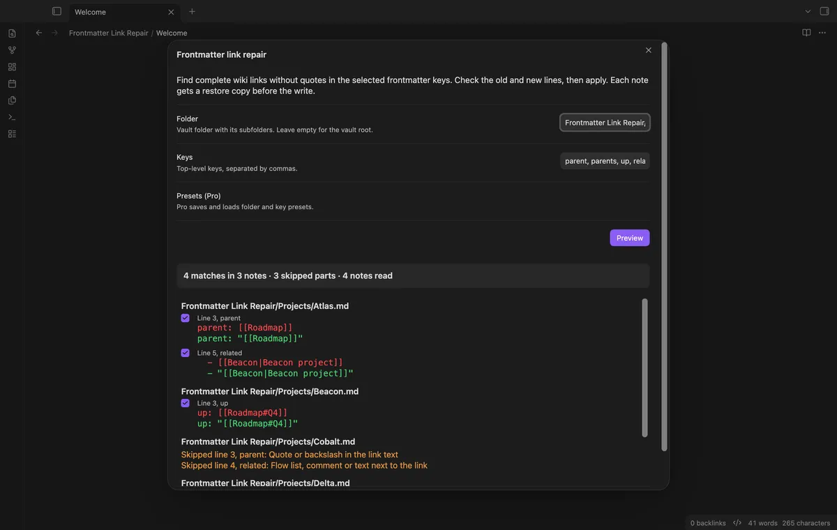 Frontmatter Link Repair screenshot