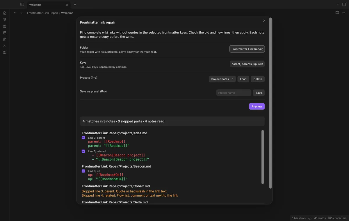Frontmatter Link Repair screenshot