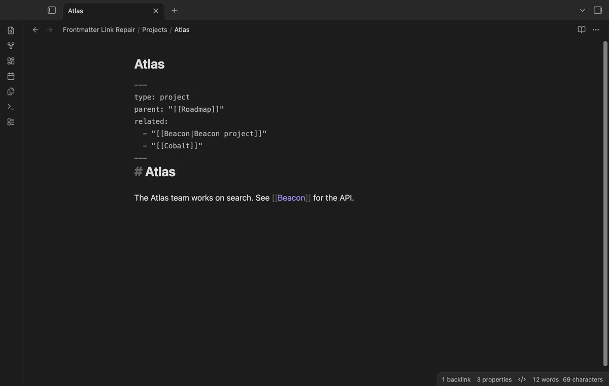 Frontmatter Link Repair screenshot