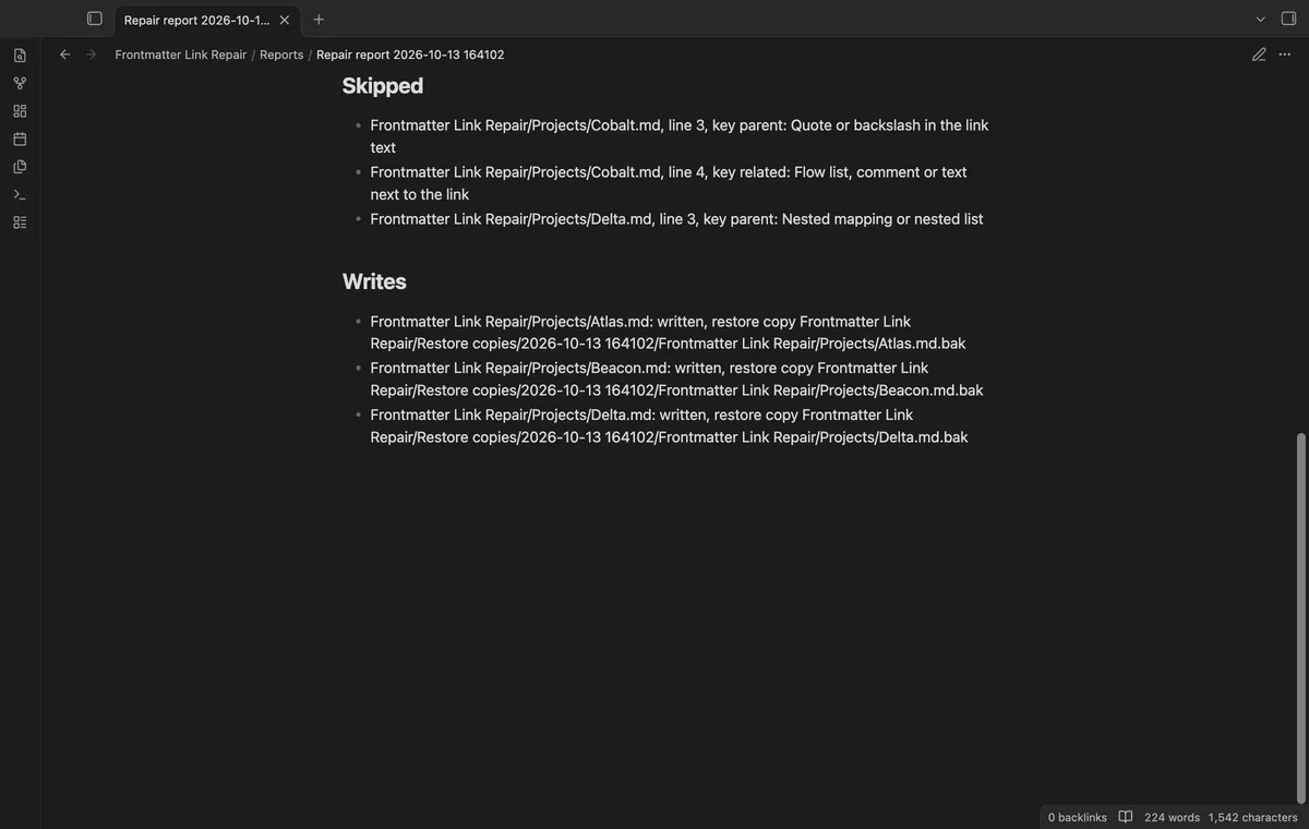 Frontmatter Link Repair screenshot