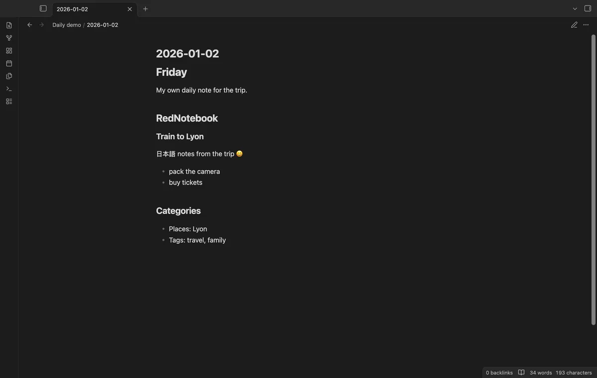 RedNotebook Backup Import screenshot