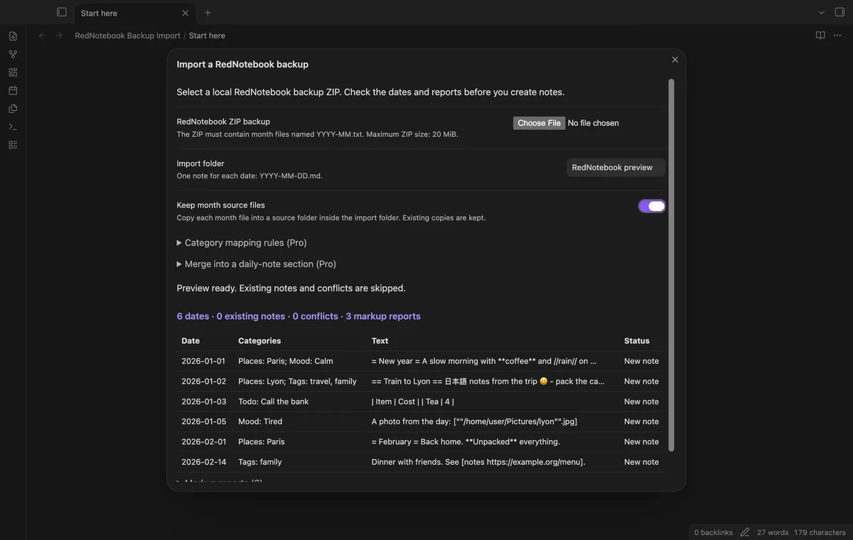 RedNotebook Backup Import screenshot