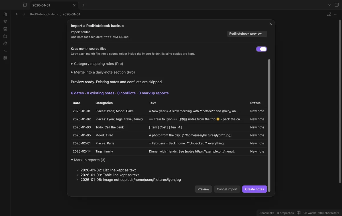 RedNotebook Backup Import screenshot