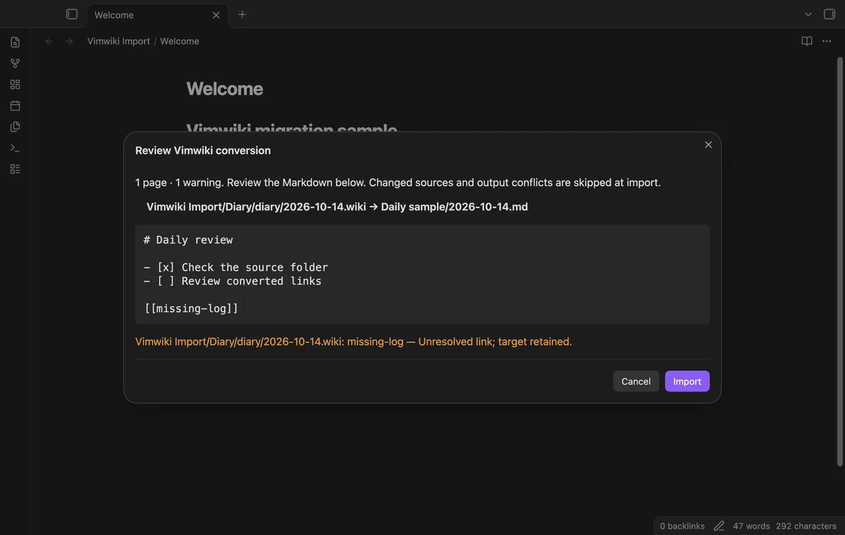 Vimwiki Import screenshot