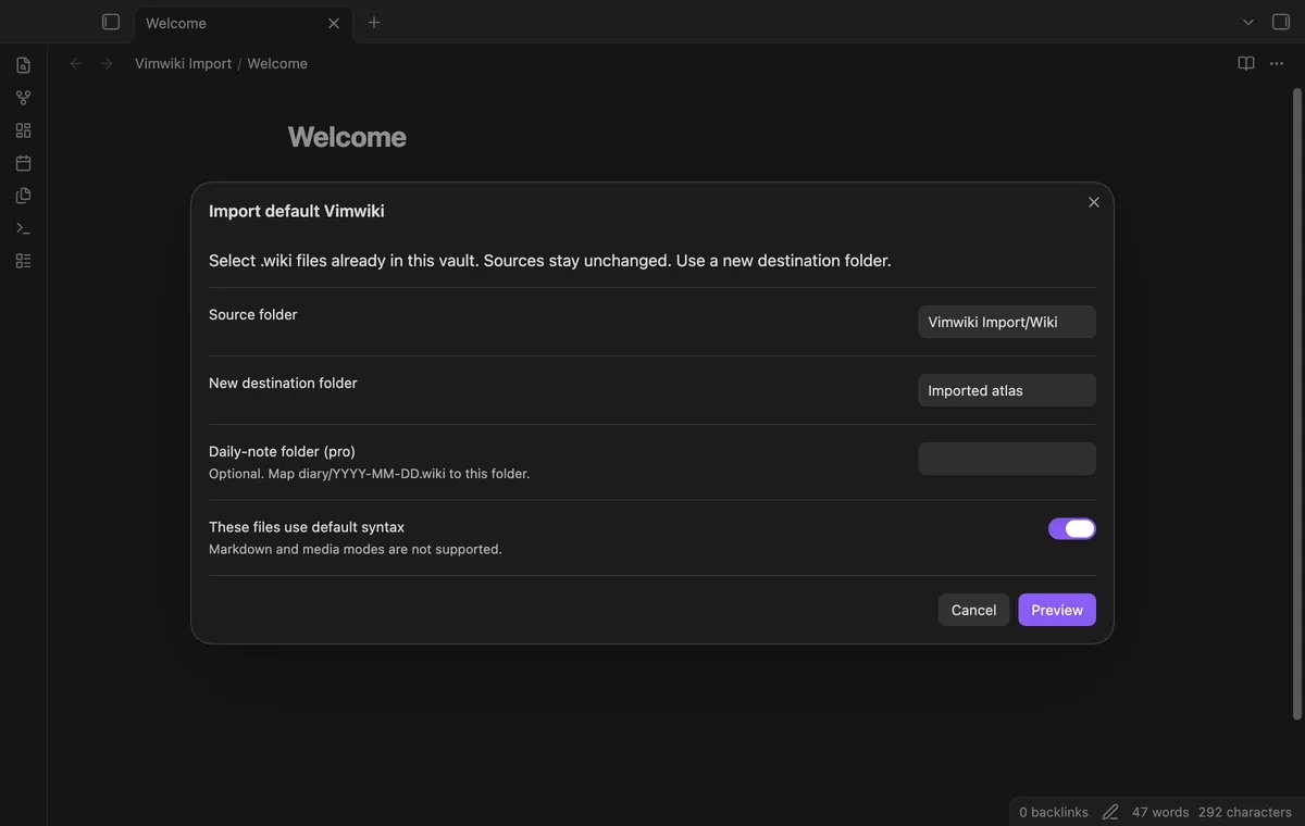 Vimwiki Import screenshot