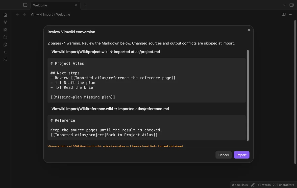 Vimwiki Import screenshot