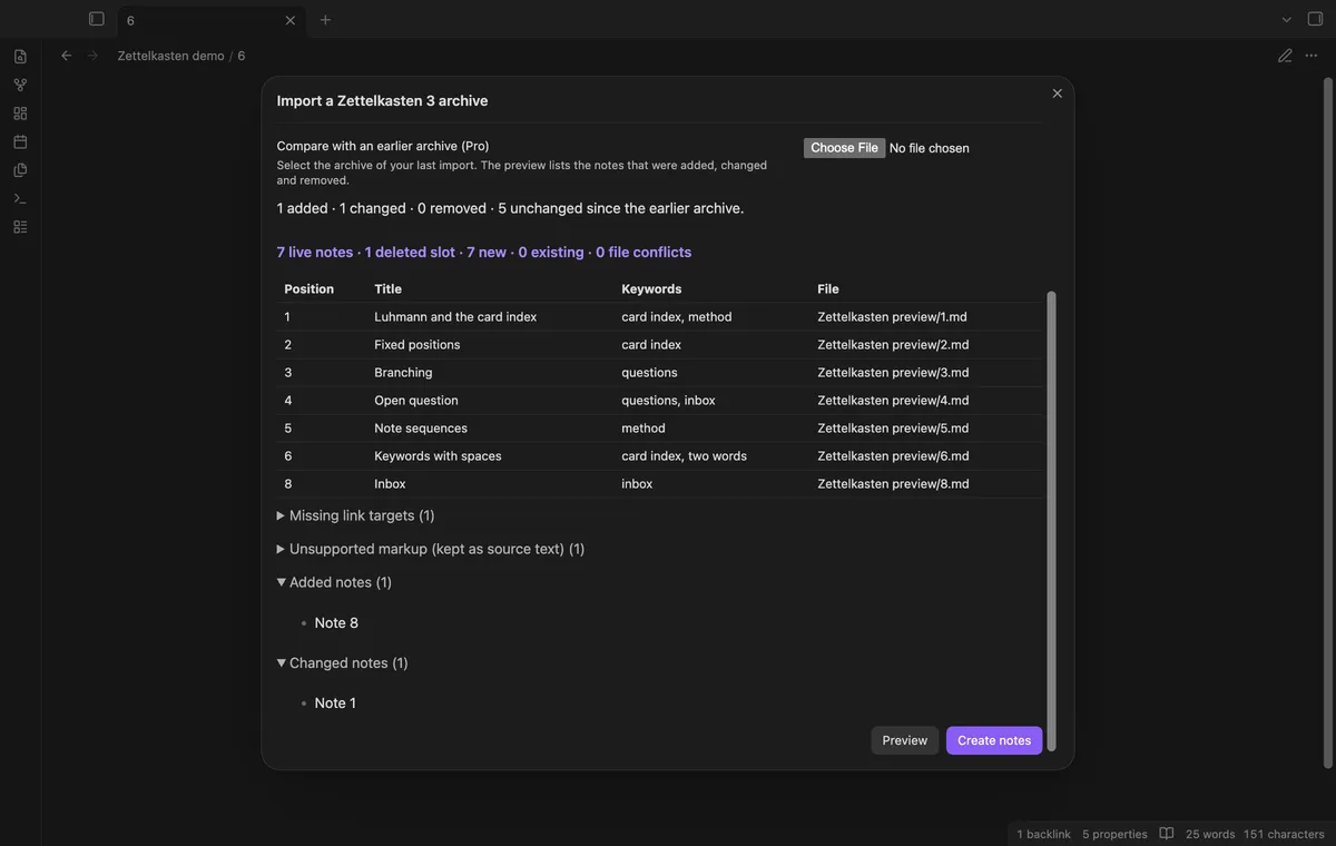 Zettelkasten Archive Import screenshot