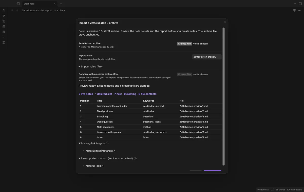 Zettelkasten Archive Import screenshot