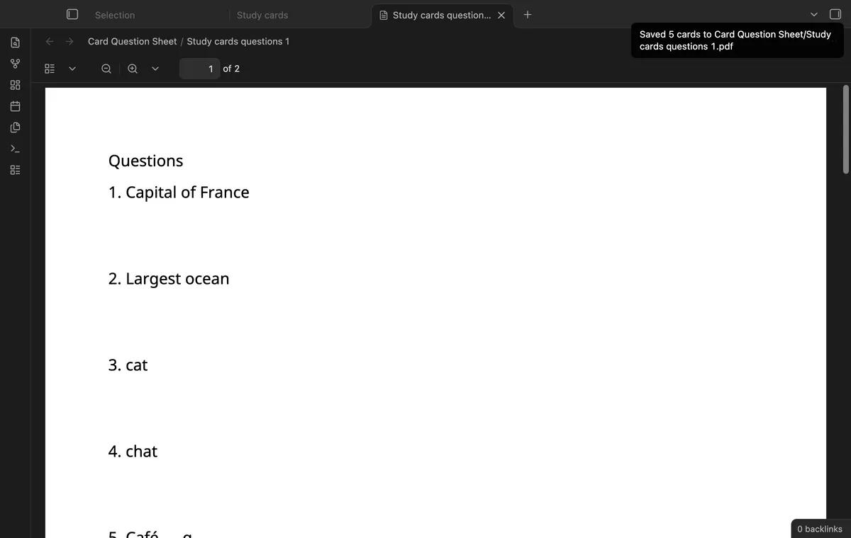 Card Question Sheet screenshot
