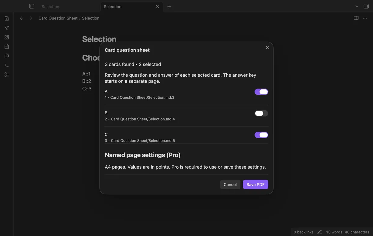 Card Question Sheet screenshot