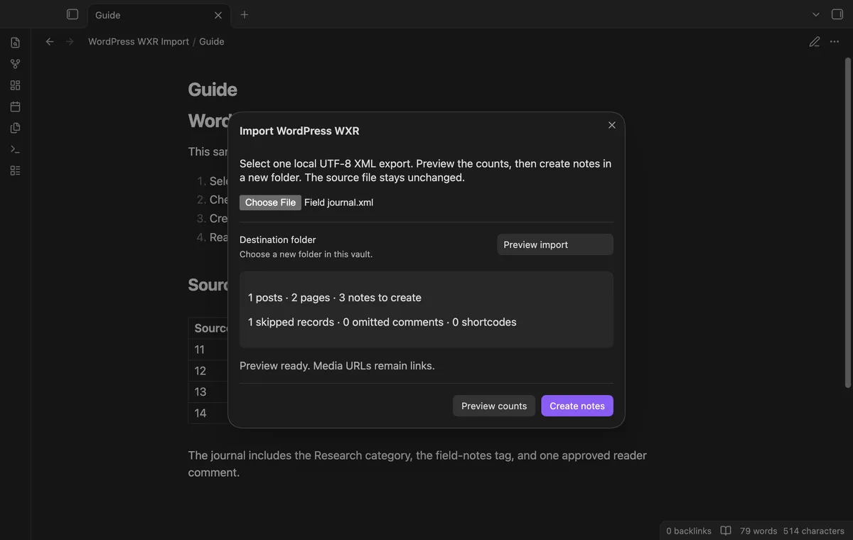 WordPress WXR Import screenshot