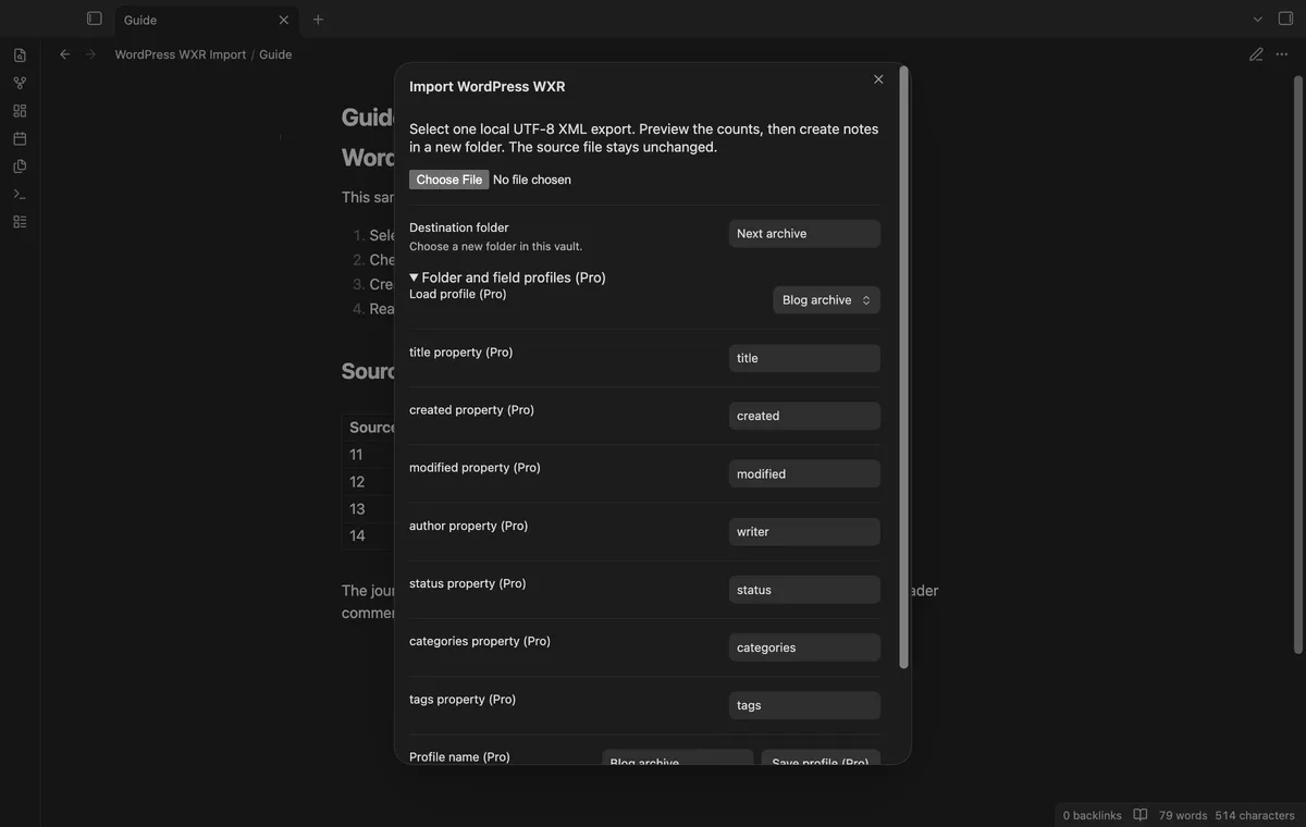 WordPress WXR Import screenshot