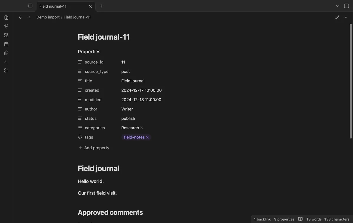 WordPress WXR Import screenshot