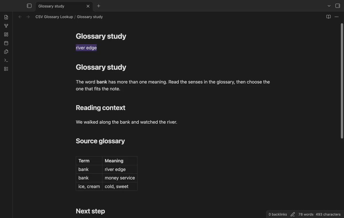 CSV Glossary Lookup screenshot