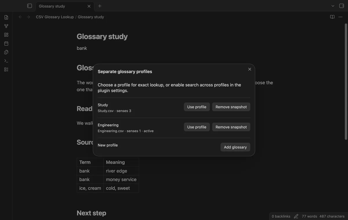 CSV Glossary Lookup screenshot
