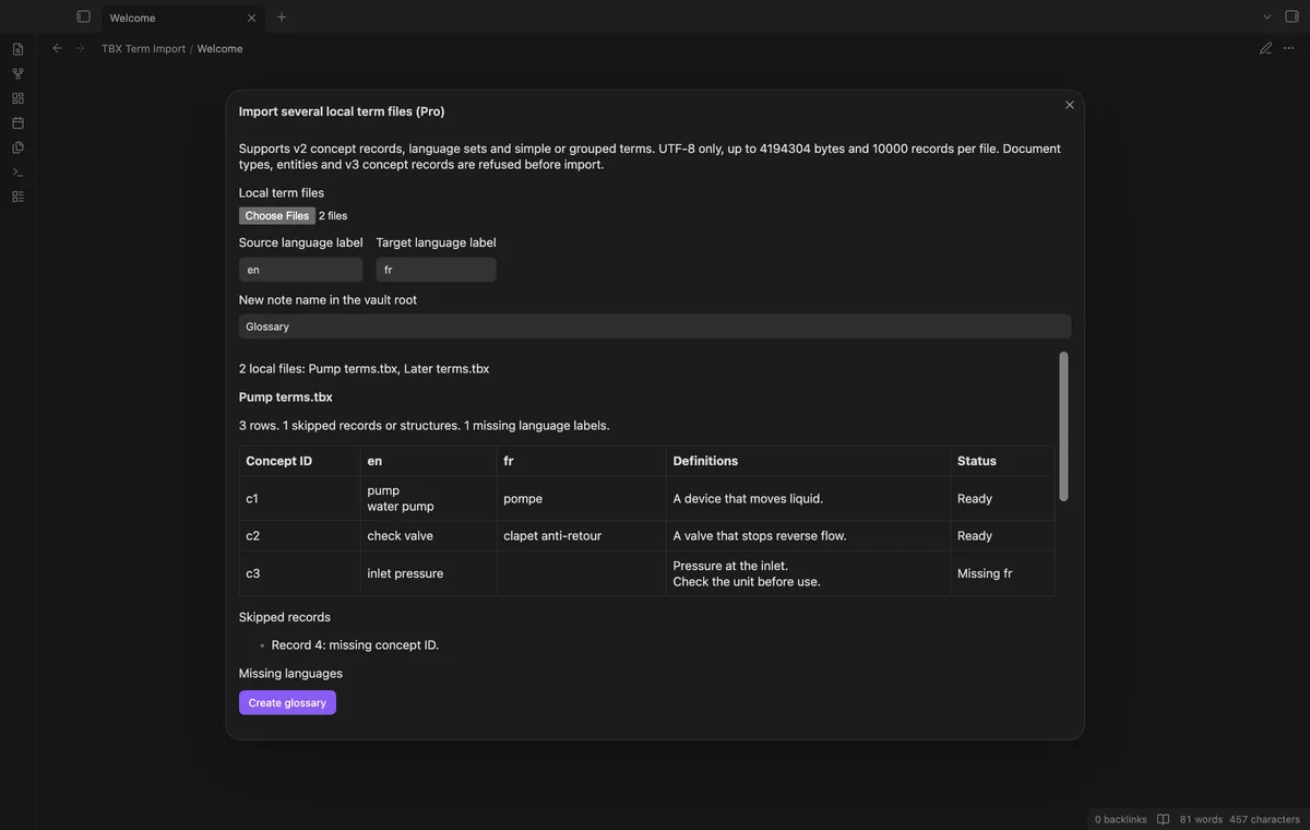 TBX Term Import screenshot