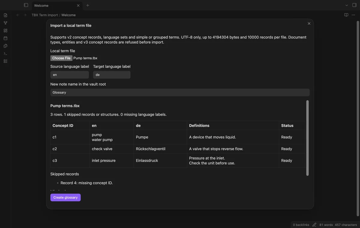 TBX Term Import screenshot