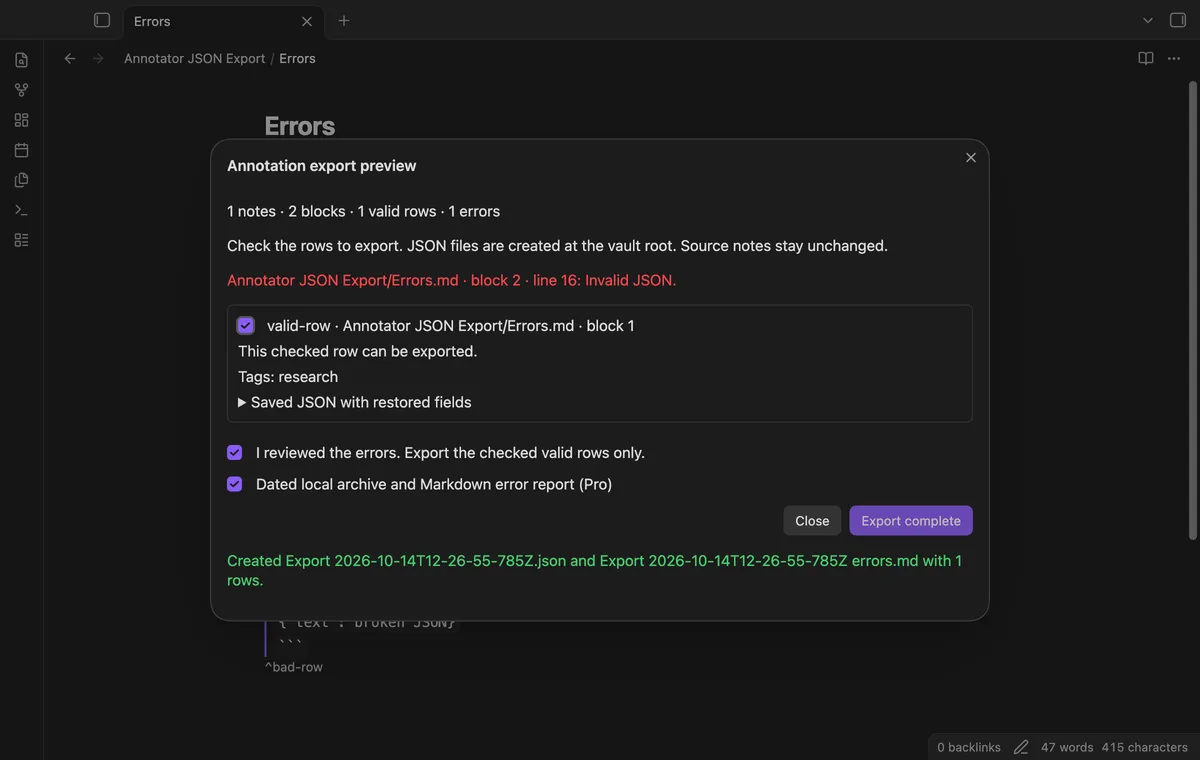 Annotator JSON Export screenshot