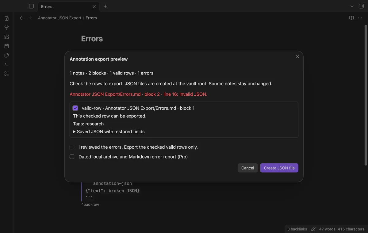 Annotator JSON Export screenshot