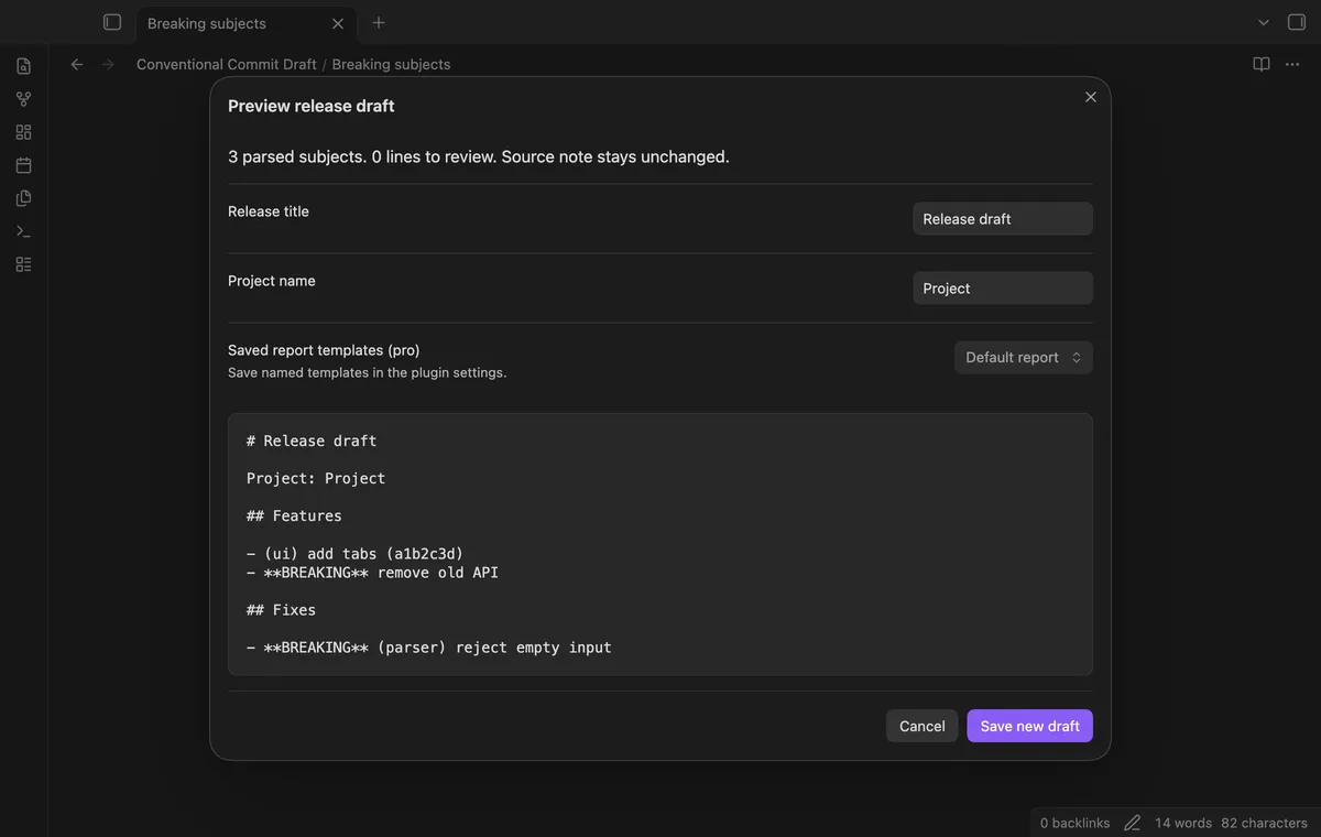 Conventional Commit Draft screenshot