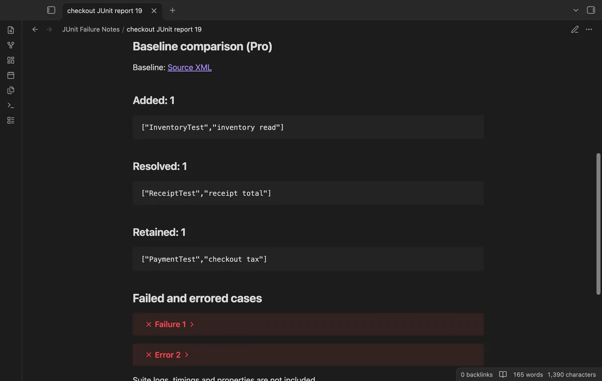 JUnit Failure Notes screenshot