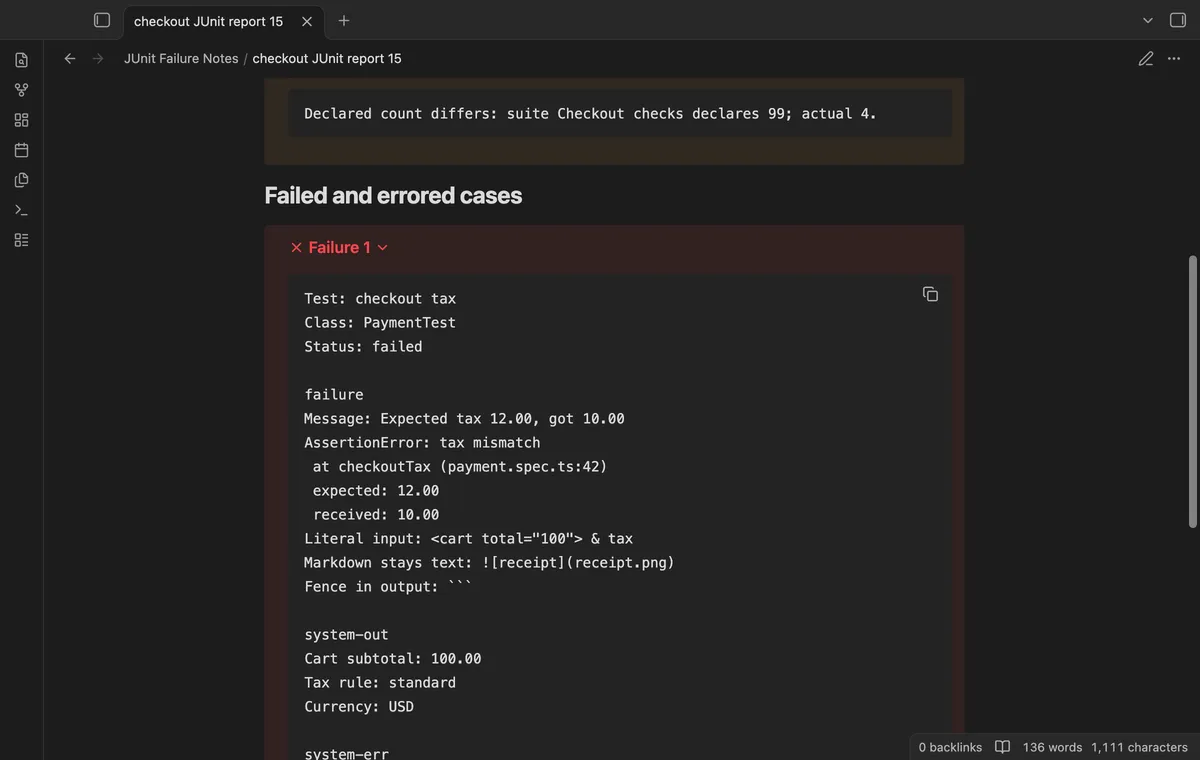 JUnit Failure Notes screenshot
