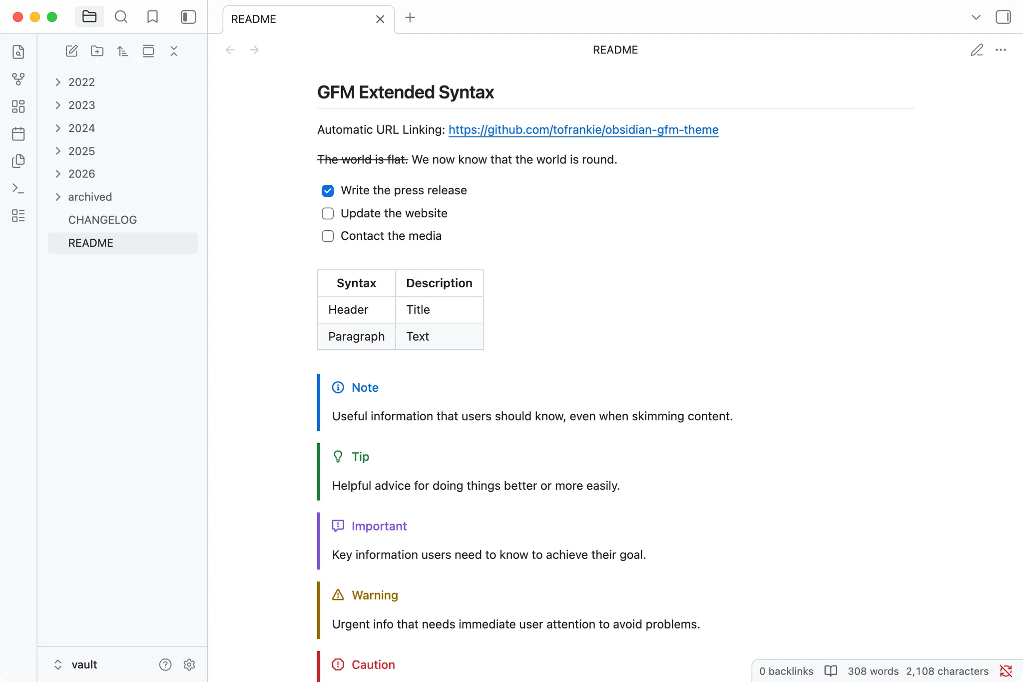GitHub Flavored Markdown screenshot