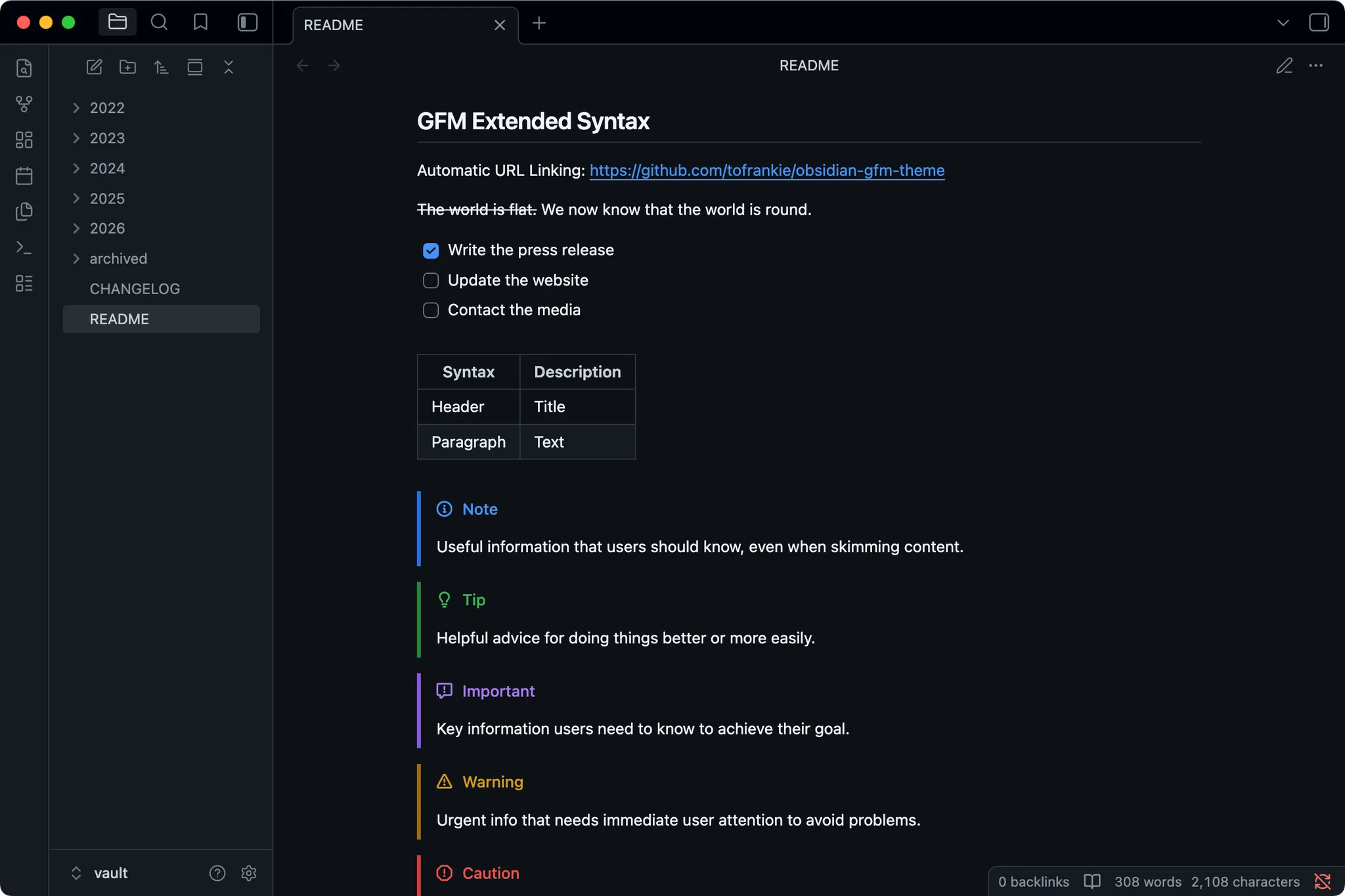 GitHub Flavored Markdown screenshot