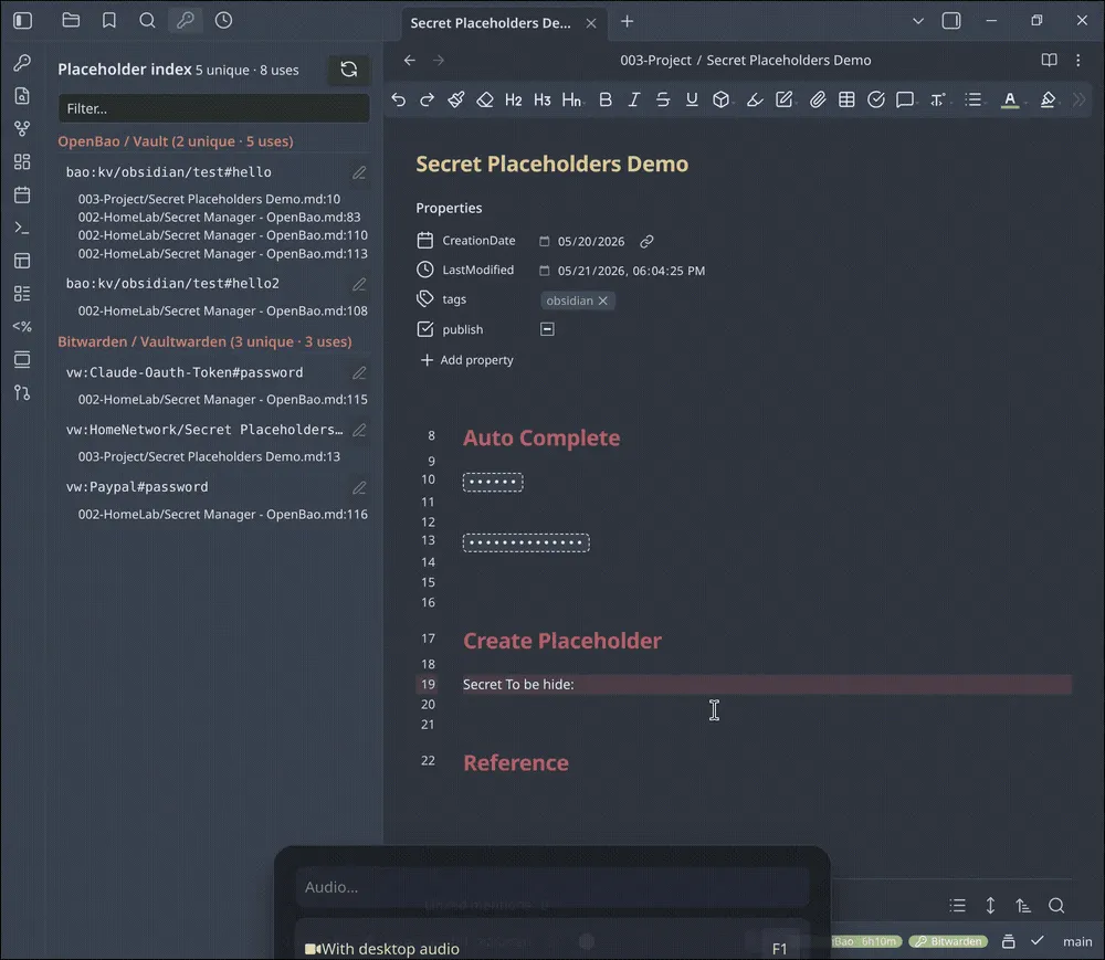 Secret Placeholders screenshot