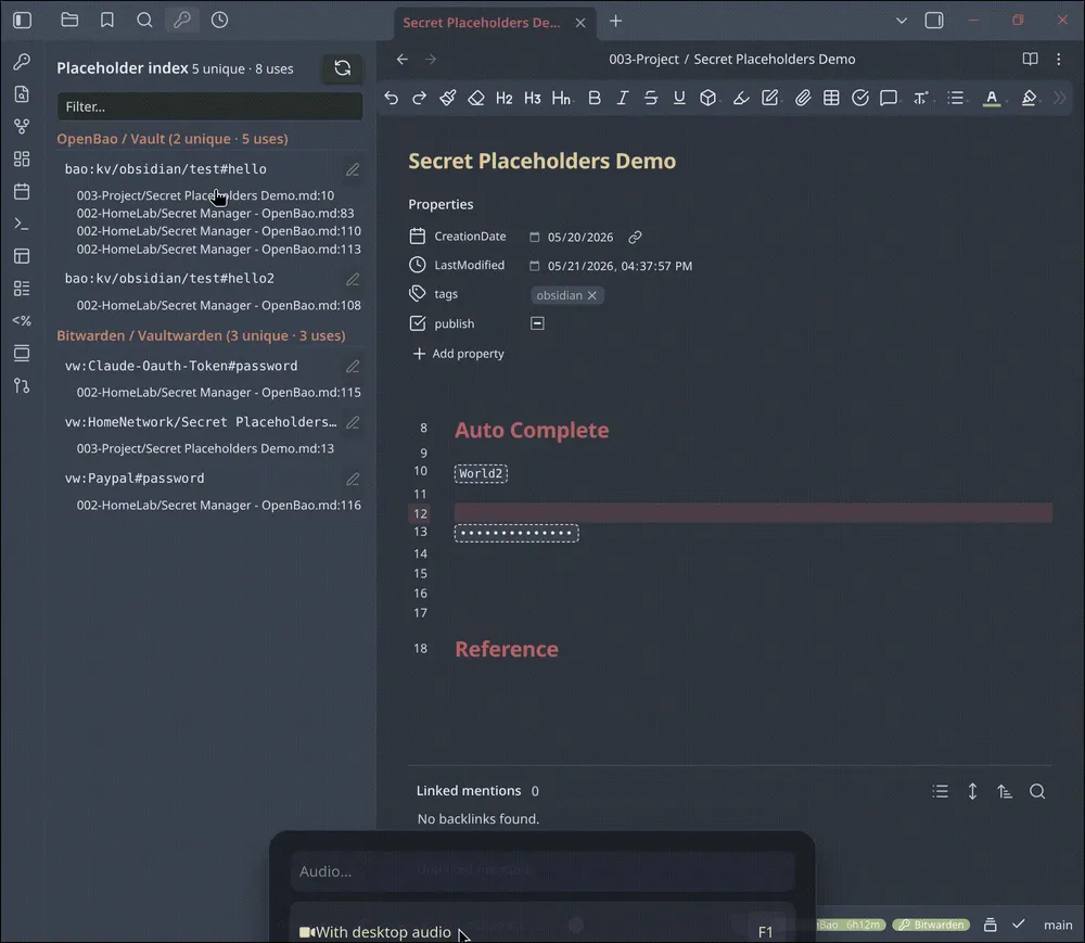 Secret Placeholders screenshot