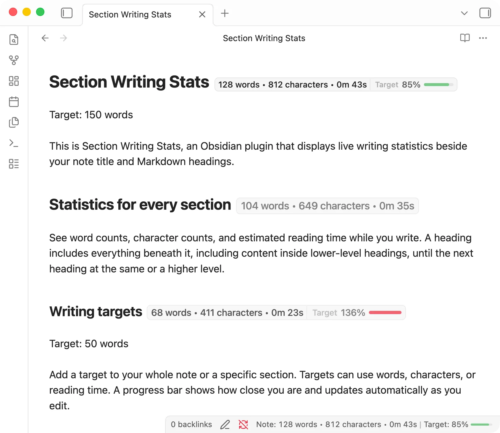 Section Writing Stats screenshot