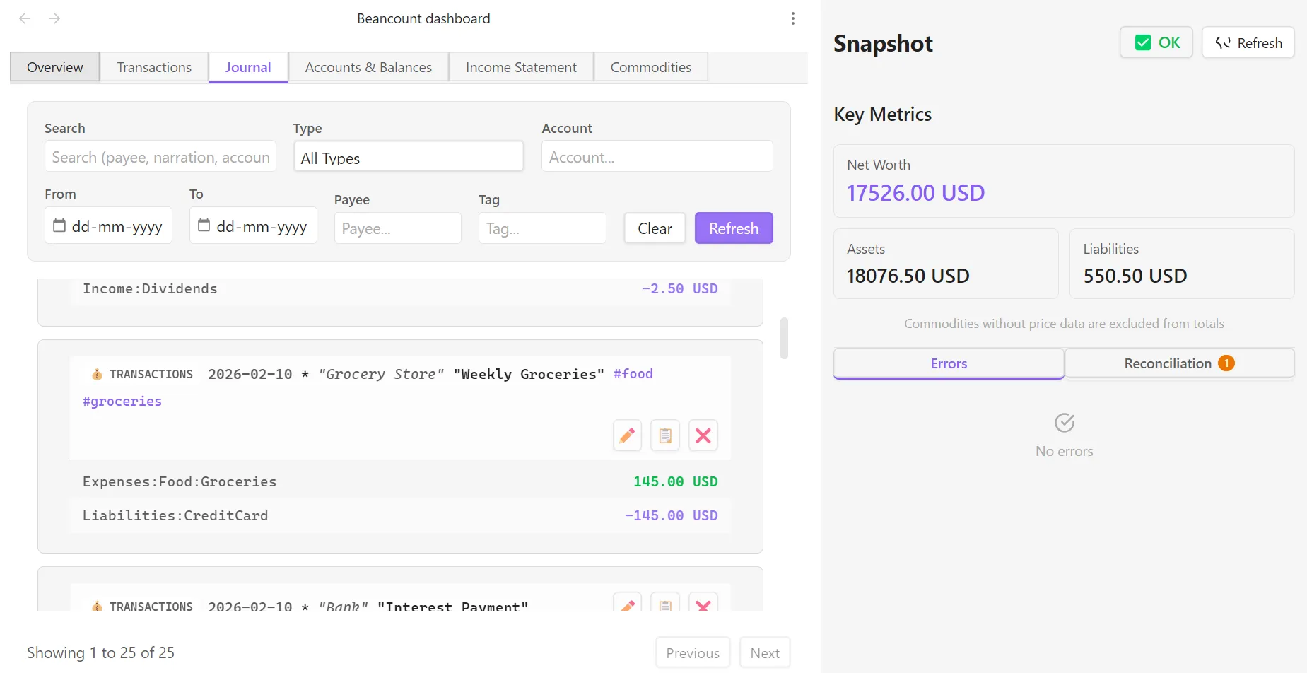 Beancount Ledger screenshot